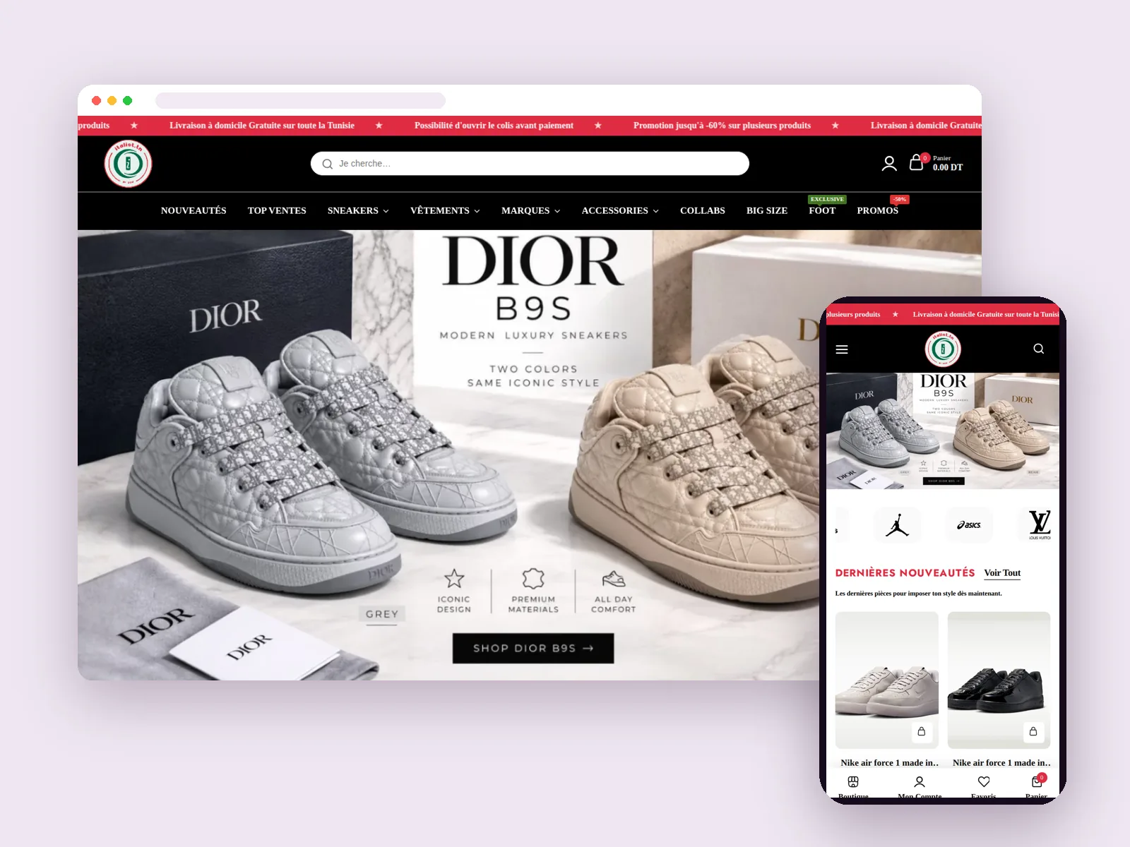 Sneakers, collabs et streetwear dans une boutique dense et rapide